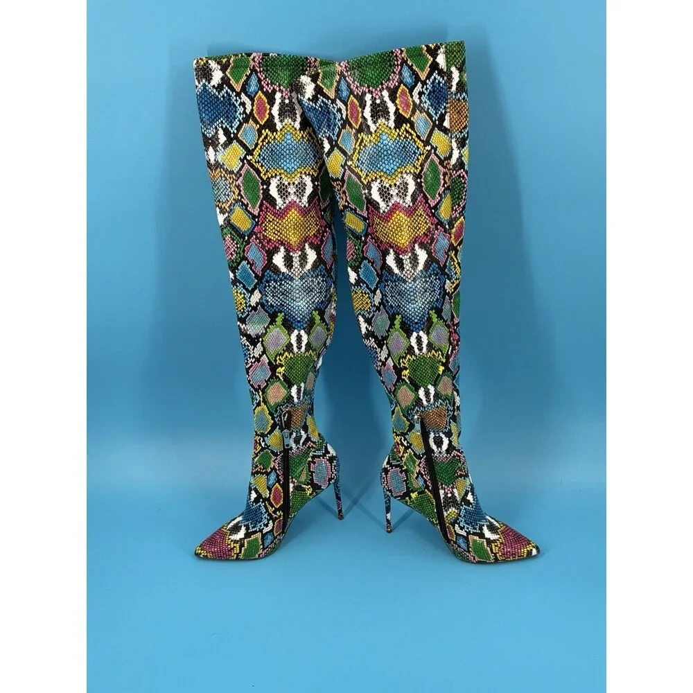 Steve Madden Vava Women’s 7.5 Multicolor Snakeskin Thigh High Stiletto Boots